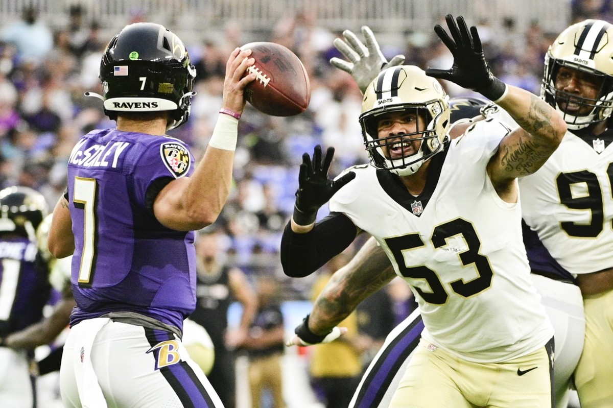 Aug 14, 2021; New Orleans Saints linebacker Zack Baun (53) applies pressure on Baltimore Ravens quarterback Trace McSorley (7). Mandatory Credit: Tommy Gilligan-USA TODAY Sports