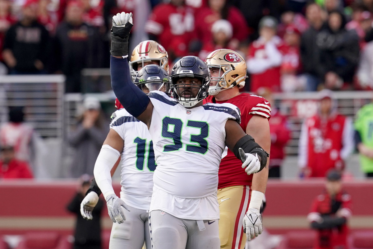 Jan 14, 2023; Santa Clara, California, USA; Seattle Seahawks defensive end Shelby Harris (93) gestures after a play in the second quarter of a wild card game against the San Francisco 49ers at Levi's Stadium. Mandatory Credit: Cary Edmondson-USA TODAY Sports