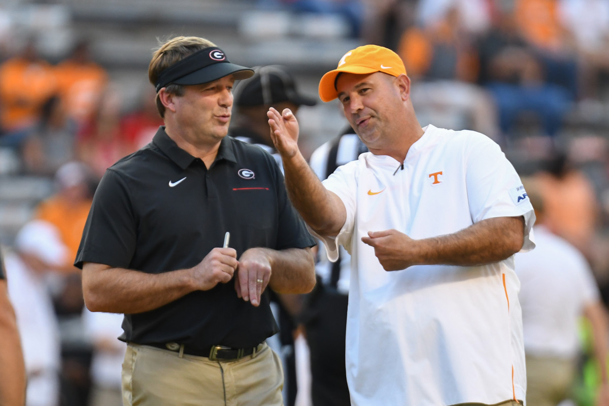 Former Tennessee HC Jeremy Pruitt during pregame with Georgia HC Kirby Smart on October 5, 2019