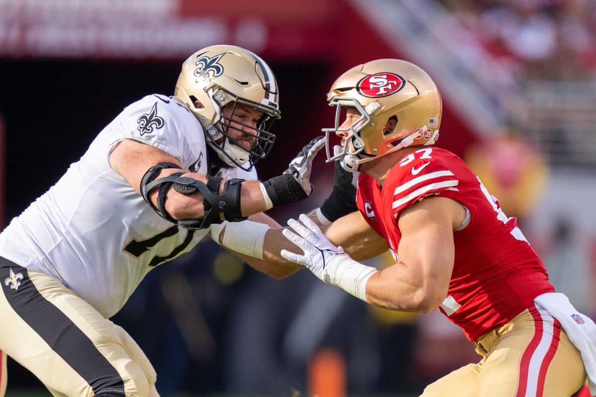 New Orleans Saints offensive tackle Ryan Ramczyk (71) blocks San Francisco 49ers defensive end Nick Bosa (97). Mandatory Credit: Kyle Terada-USA TODAY