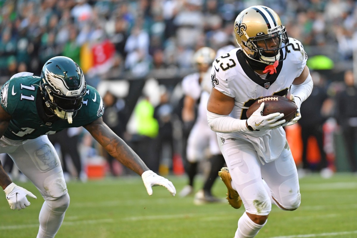 New Orleans Saints cornerback Marshon Lattimore (23) returns an interception for a touchdown against the Philadelphia Eagles. Mandatory Credit: Eric Hartline-USA TODAY Sports