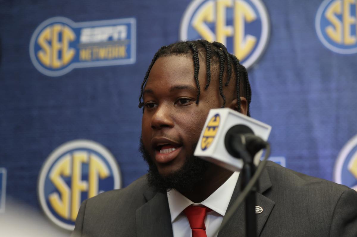 Georgia OL Sedrick Van Pran speaks at the 2022 SEC media days. (Jimmie Mitchell/SEC)