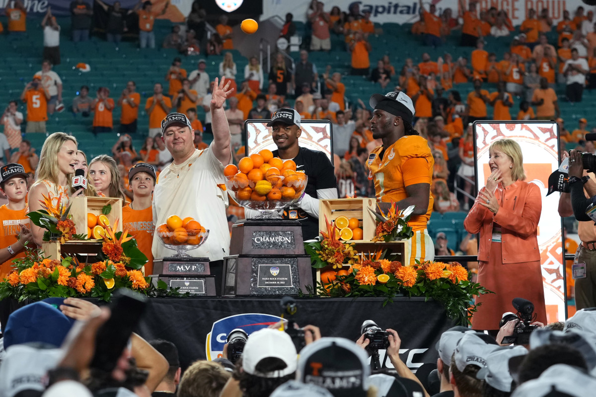 Tennessee HC Josh Heupel with Joe Milton III and Hendon Hooker after their Orange Bowl victory in Miami, Florida, on December 31, 2022. (Photo by Jasen Vinlove of USA Today Sports)