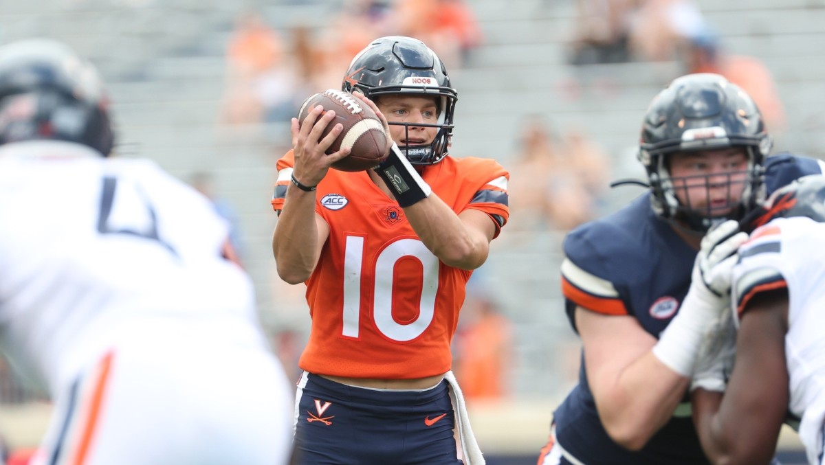 Freshman quarterback Anthony Colandrea receives a snap during the Virginia football spring game at Scott Stadium.