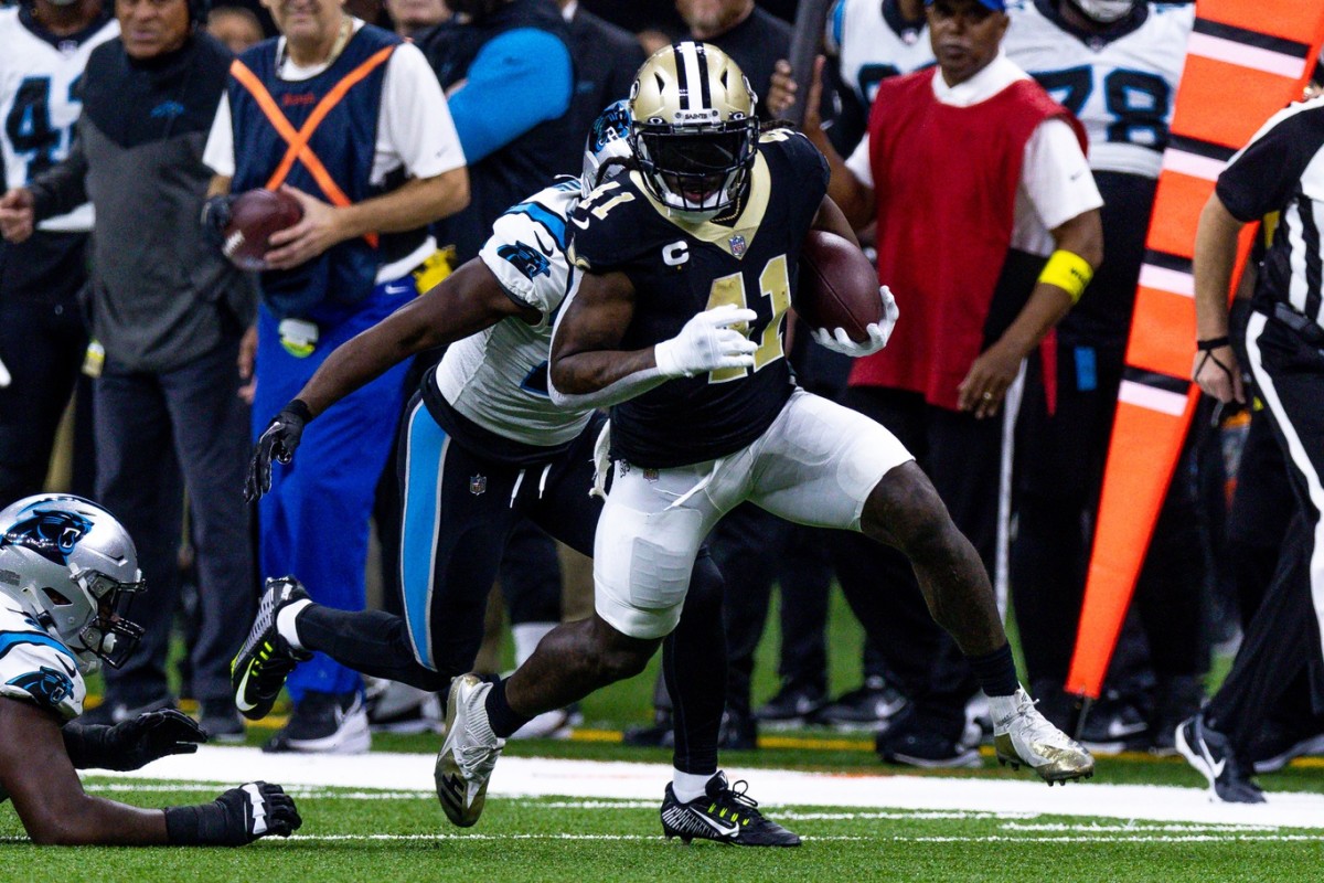 New Orleans Saints tryout player running back Ellis Marriweather jumps in a  drill during the NFL football team's rookie minicamp in Metairie, La.,  Saturday, May 13, 2023. (AP Photo/Matthew Hinton Stock Photo 