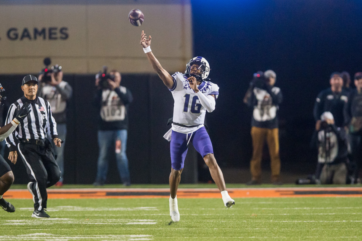 Nov 13, 2021; Stillwater, Oklahoma, USA; TCU Horned Frogs quarterback Sam Jackson (16) throws a pass during the fourth quarter against the Oklahoma State Cowboys at Boone Pickens Stadium. OSU won 63-17. Mandatory Credit: Brett Rojo-USA TODAY Sports