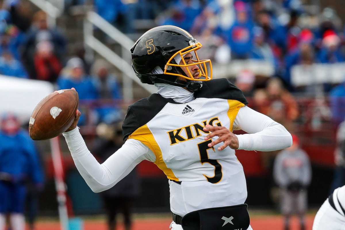 Detroit King quarterback Dante Moore looks to pass against Mason during the second half of a Division 3 state semifinal at John Glenn High School in Westland on Saturday, Nov. 19, 2022.