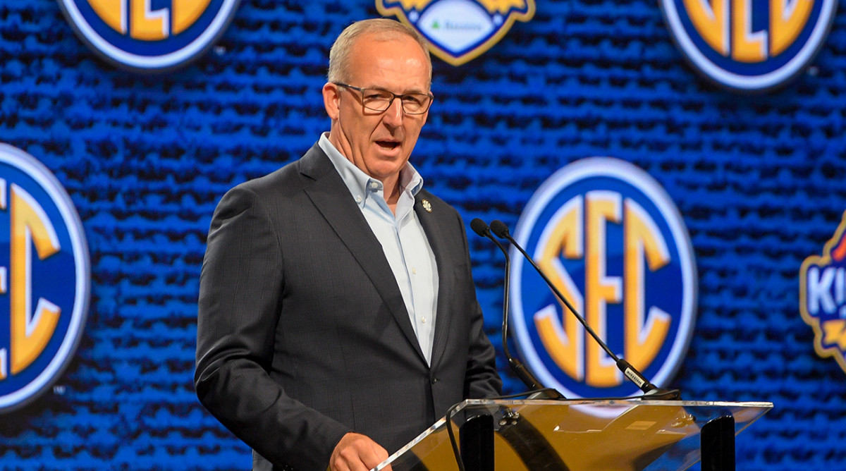 SEC commissioner Greg Sankey speaks at SEC Media Days 2023.