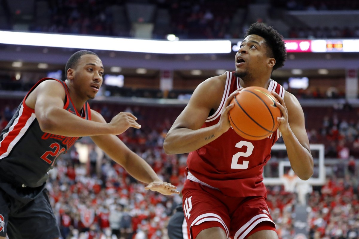 Indiana Hoosiers center Michael Durr (2) looks to shoot the ball defended by Ohio State Buckeyes forward Zed Key (23) during the first half at Value City Arena.