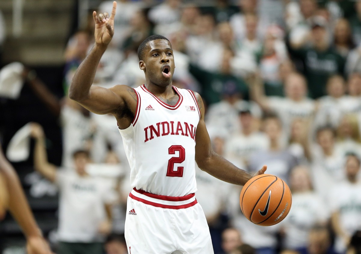 Indiana Hoosiers guard Josh Newkirk (2) gestures during the first half of a game against the Michigan State Spartans at Jack Breslin Student Events Center.