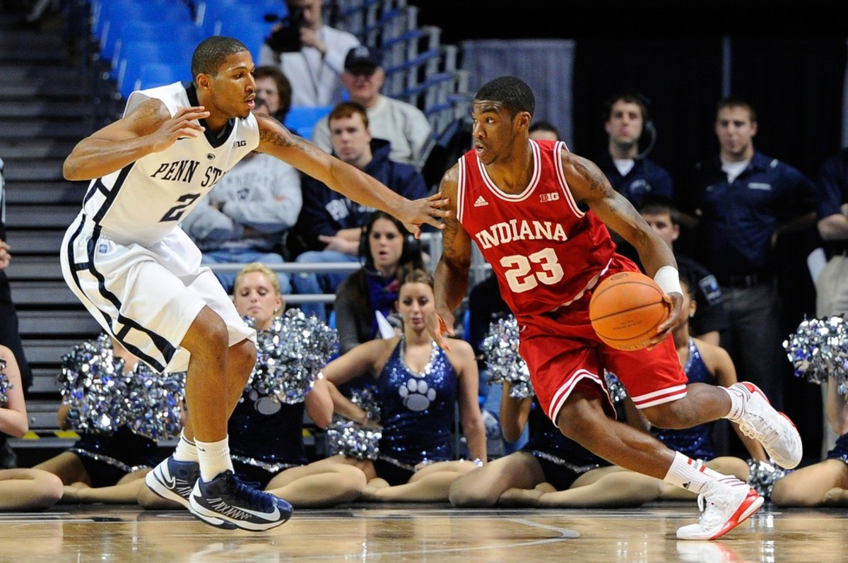 Indiana Hoosiers guard Remy Abell (23) drives to the basket around Penn State Nittany Lions guard D.J. Newbill (2) during the first half at the Bryce Jordan Center.