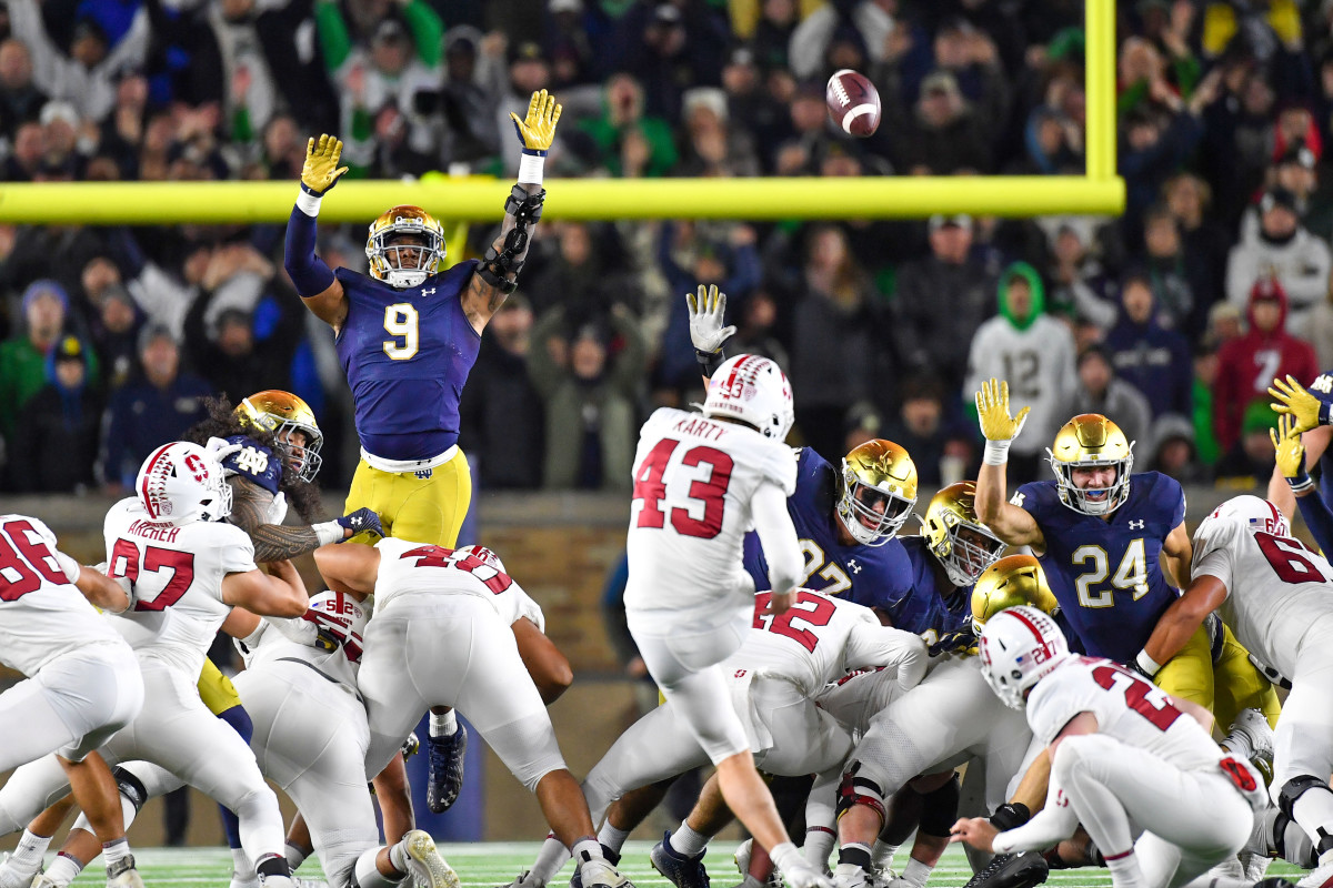 Oct 15, 2022; South Bend, Indiana, USA; Stanford Cardinal kicker Joshua Karty (43) kicks a field goal in the fourth quarter against the Notre Dame Fighting Irish at Notre Dame Stadium. Mandatory Credit: Matt Cashore-USA TODAY Sports