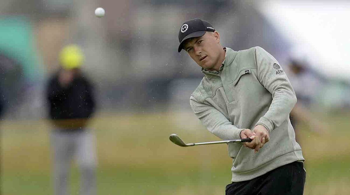 Jordan Spieth chips during a practice round for the 2023 British Open.