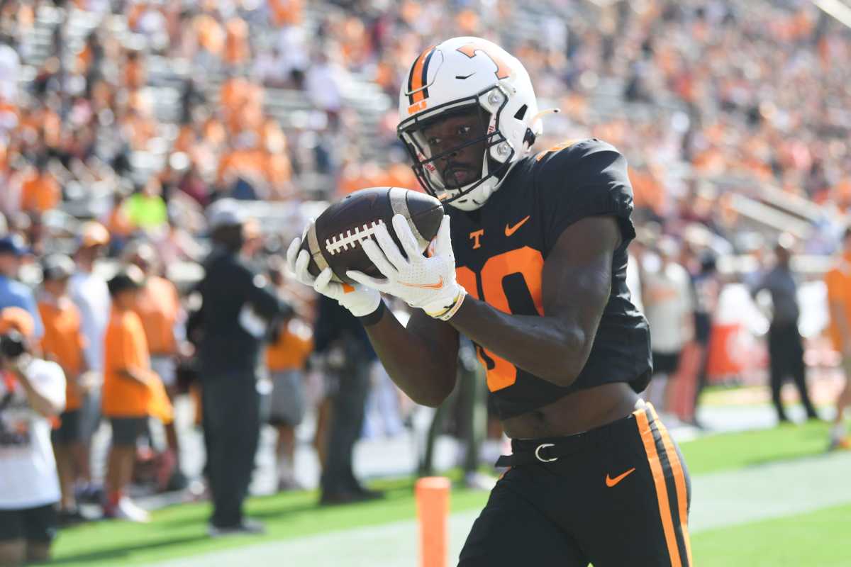 Tennessee WR Ramel Keyton during warmups against South Carolina in Knoxville, Tennessee, on October 9, 2021. (Photo by Saul Young)