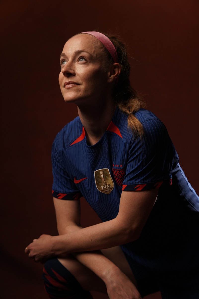 Becky Sauerbrunn poses for a portrait with a USWNT uniform.