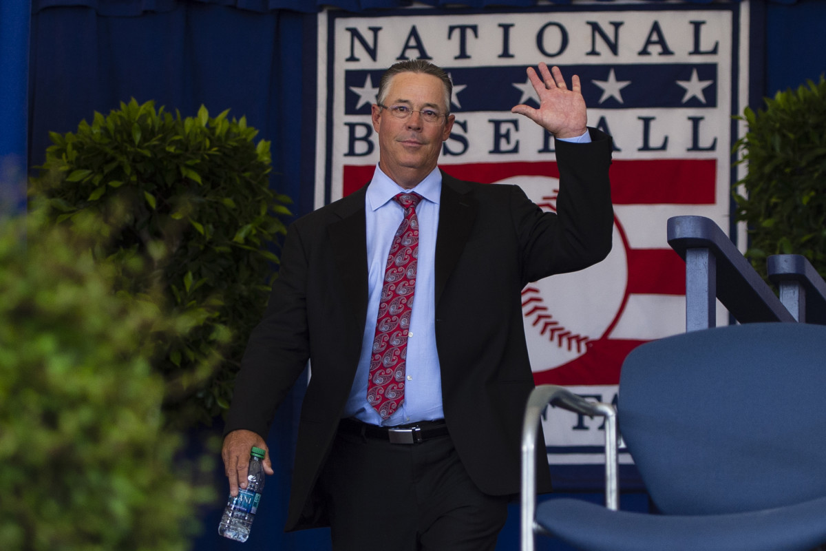 Jul 21, 2019; Cooperstown, NY, USA; Hall of Famer Greg Maddux is introduced during the 2019 National Baseball Hall of Fame induction ceremony at the Clark Sports Center.