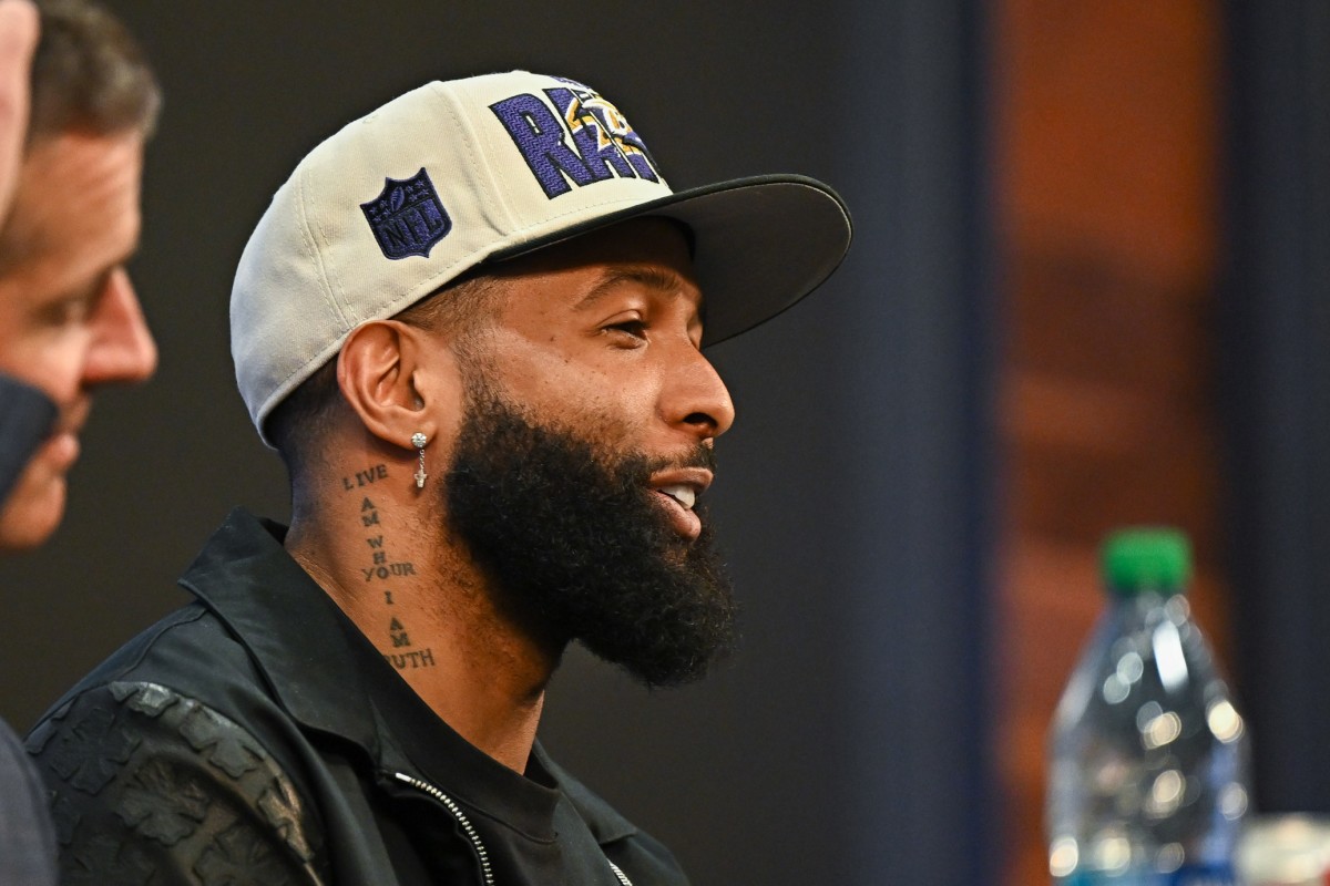 Baltimore Ravens NFL wide receiver Odell Beckham Jr. during a team introductory press conference.