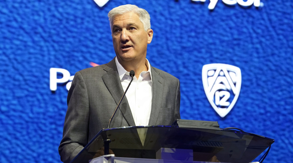 Pac-12 commissioner George Kliavkoff speaks at the NCAA college football Pac-12 media day.