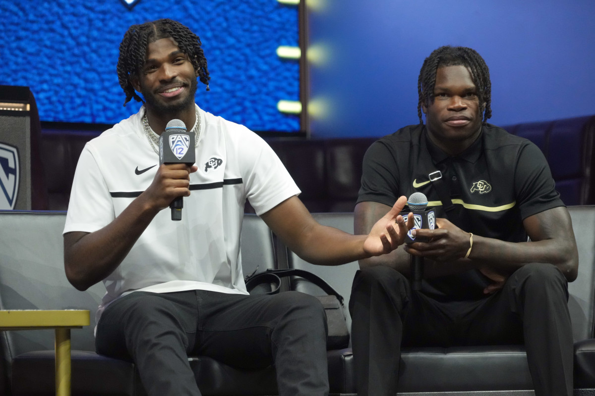 Colorado Buffaloes quarterback Shadeur Sanders (left) and receiver Travis Hunter during Pac-12 Media Day at Resorts World Las Vegas