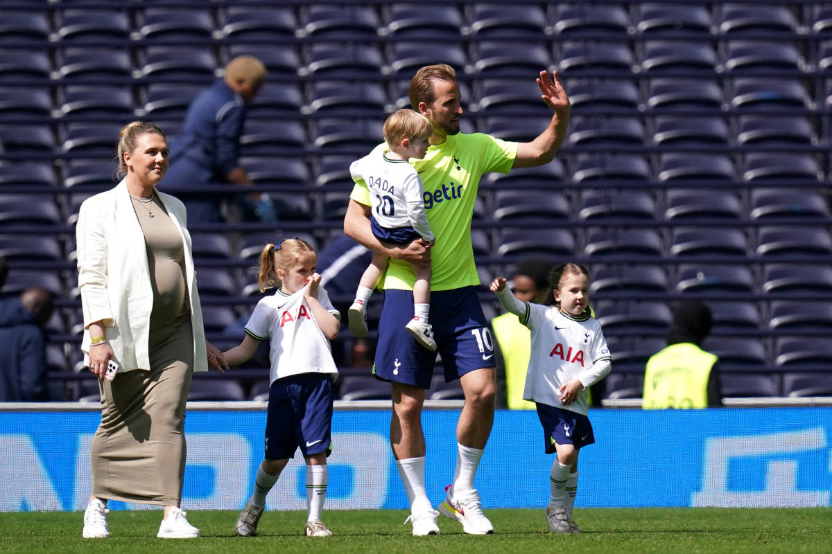 Harry Kane pictured with his wife Kate and their three children at Tottenham Hotspur Stadium in May 2023