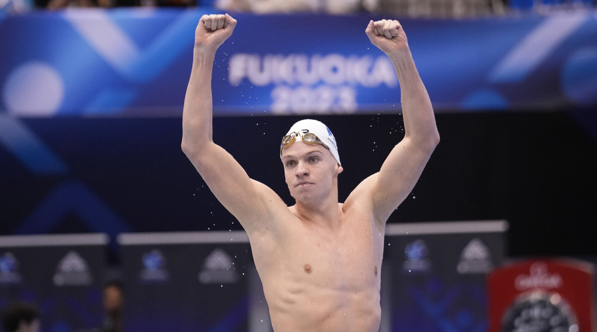 Leon Marchand after winning the 400 IM