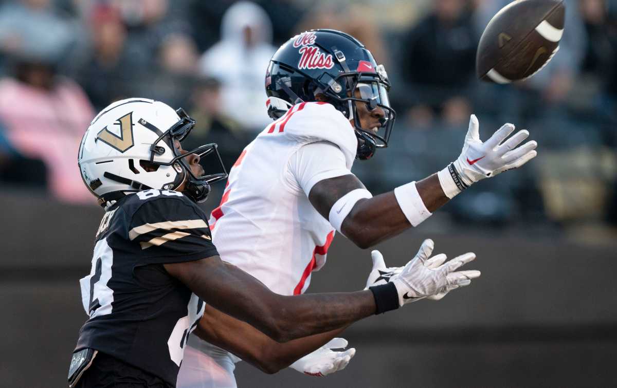 Mississippi cornerback Miles Battle (6) breaks up a pass intended for Vanderbilt wide receiver Gamarion Carter (83) in the end zone during the fourth quarter at FirstBank Stadium Saturday, Oct. 8, 2022, in Nashville, Tenn. Nas Vanderbilt Miss 046