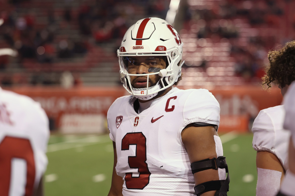 Nov 12, 2022; Salt Lake City, Utah, USA; Stanford Cardinal linebacker Levani Damuni (3) warms up prior to a game against the Utah Utes at Rice-Eccles Stadium. Mandatory Credit: Rob Gray-USA TODAY Sports