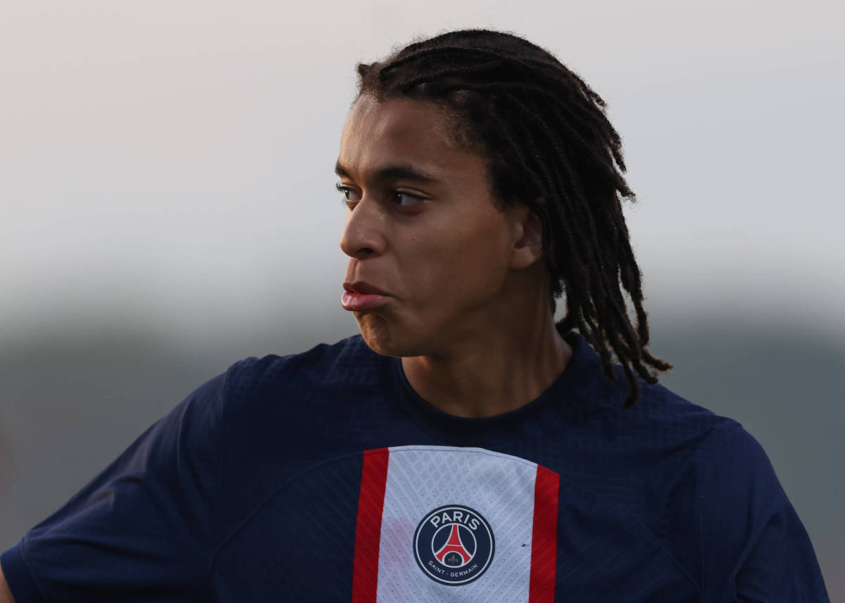 Ethan Mbappe pictured playing for PSG against Juventus in the UEFA Youth League in November 2022