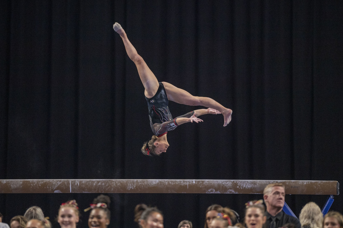 Apr 14, 2022; Fort Worth, TX, USA; University of Utah gymnast Grace McCallum performs on beam during the session one semi finals at Dickies Arena. Mandatory Credit: Jerome Miron-USA TODAY Sports