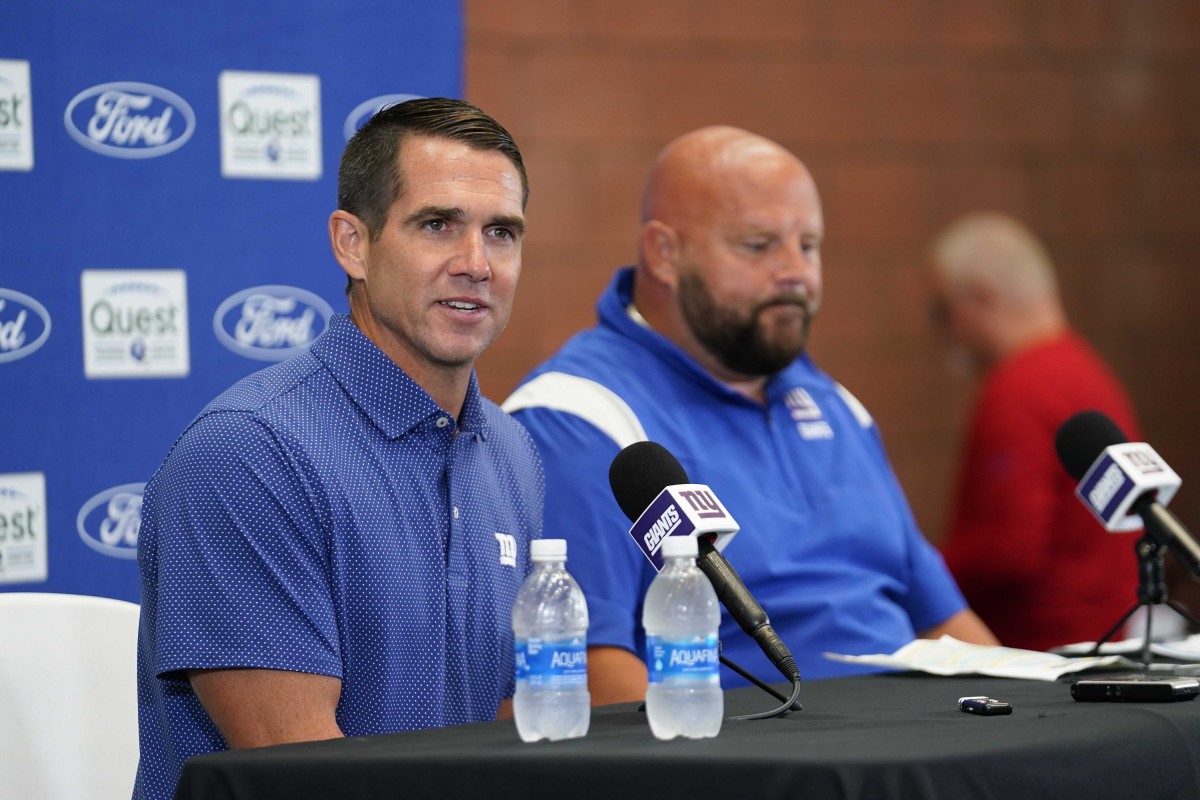 Jul 26, 2023; East Rutherford, NJ, USA; New York Giants general manager Joe Schoen, left, speaks during a press conference with head coach Brian Daboll, right, before training camp at the Quest Diagnostics Training Facility.