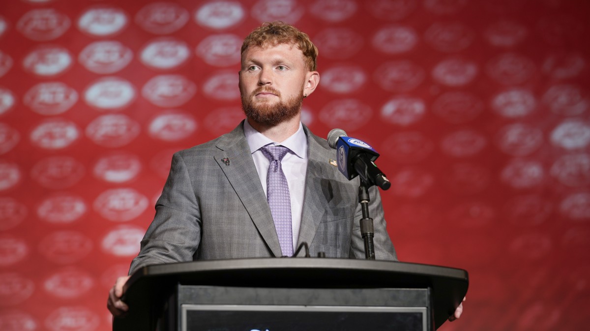 N.C.State quarterback Brennan Armstrong answers questions from the media during the ACC 2023 Kickoff at The Westin Charlotte.