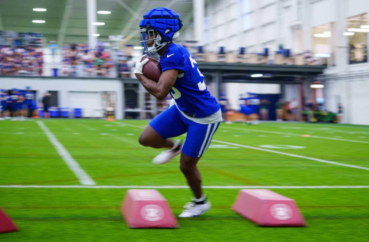 Indianapolis Colts running back Deon Jackson (35) runs over obstacles Friday, July 28, 2023, during an indoor practice at Grand Park Sports Campus in Westfield, Indiana.