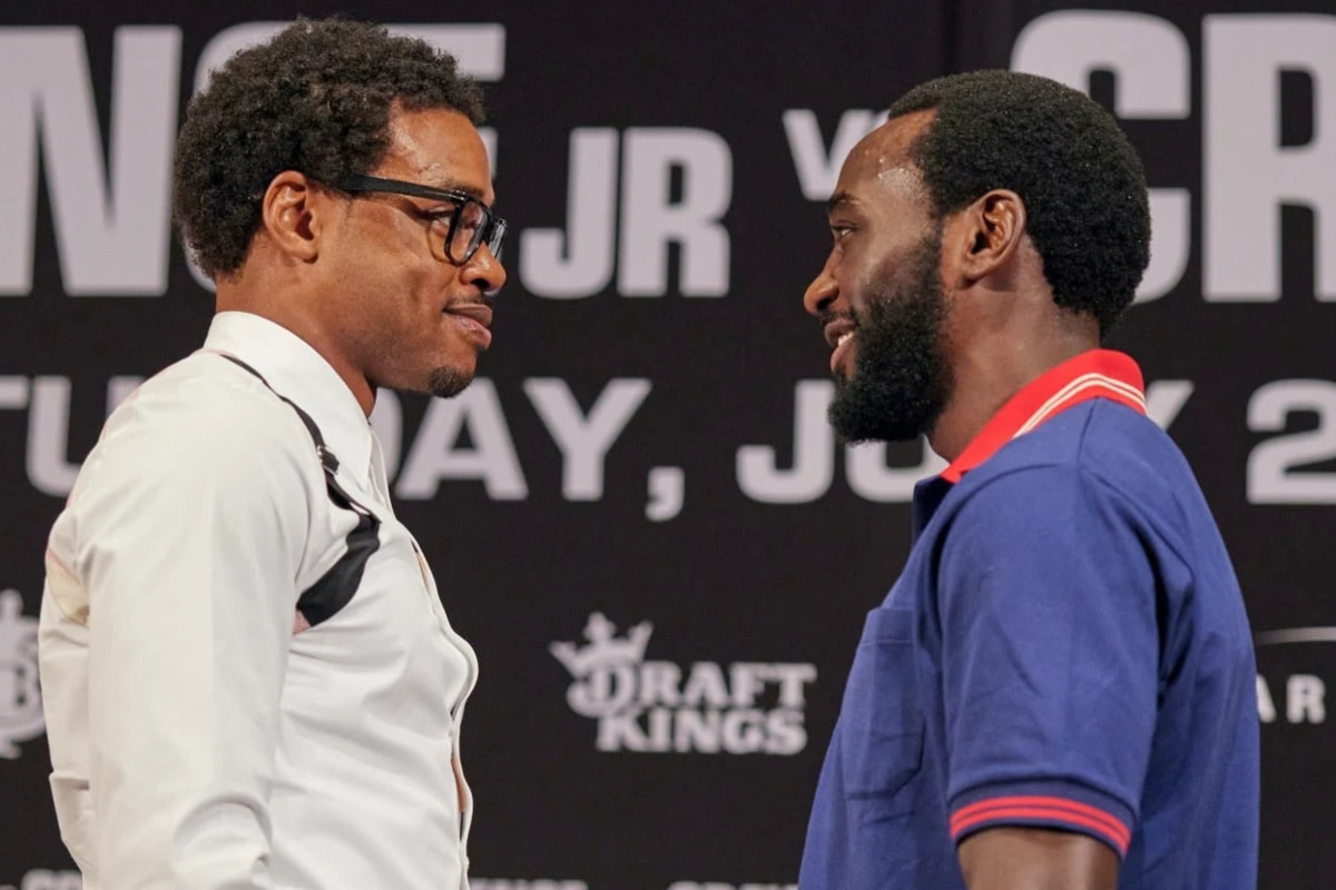 Errol Spence Jr. and Terence Crawford engage in a staredown ahead of their undisputed boxing title fight.