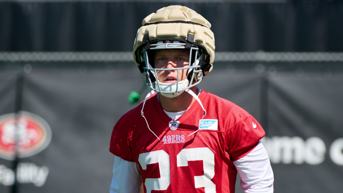 San Francisco 49ers' Jordan Mason takes part in drills at the NFL