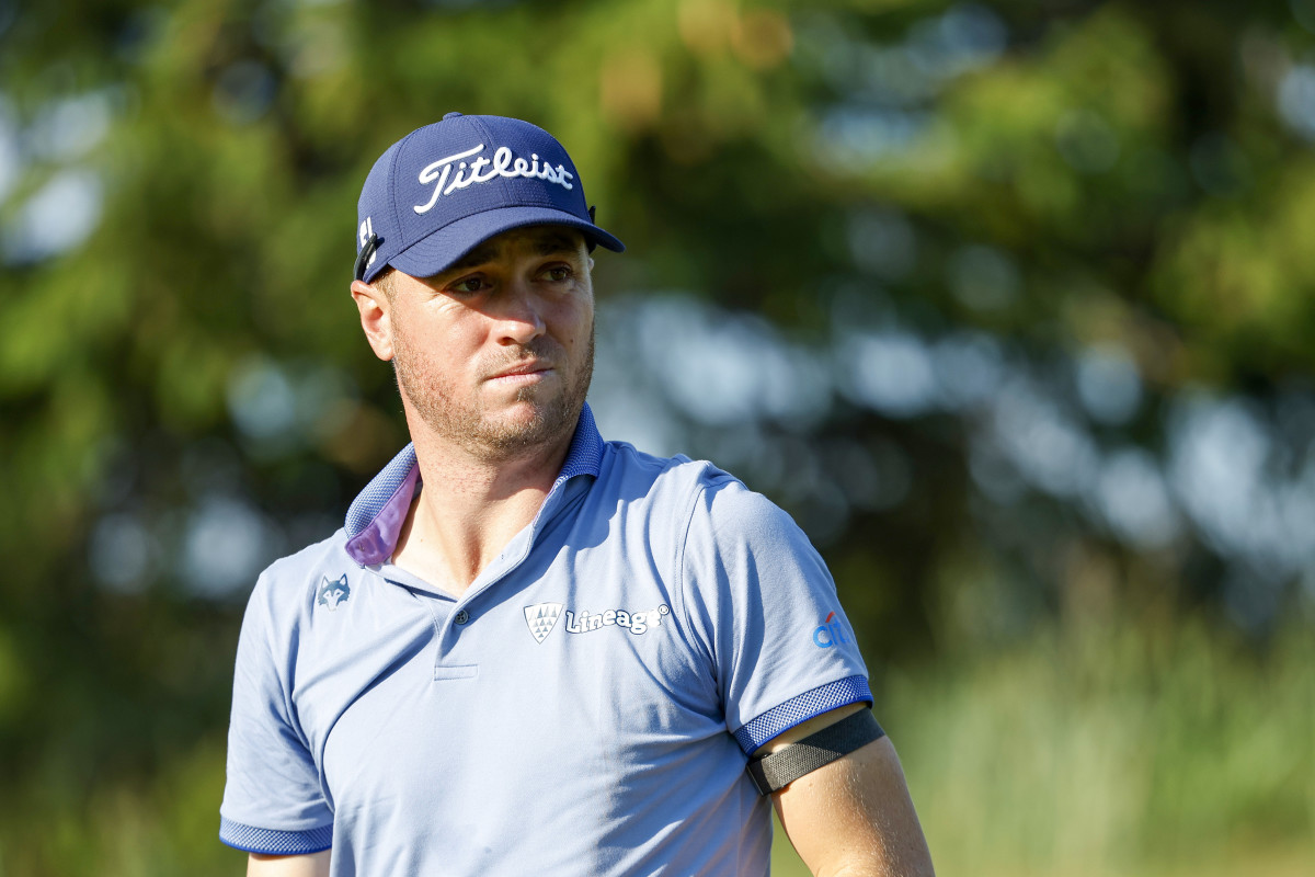 Justin Thomas of the United States watches his tee shot on the 12th hole during the second round of the 3M Open at TPC Twin Cities on July 28, 2023 in Blaine, Minnesota.