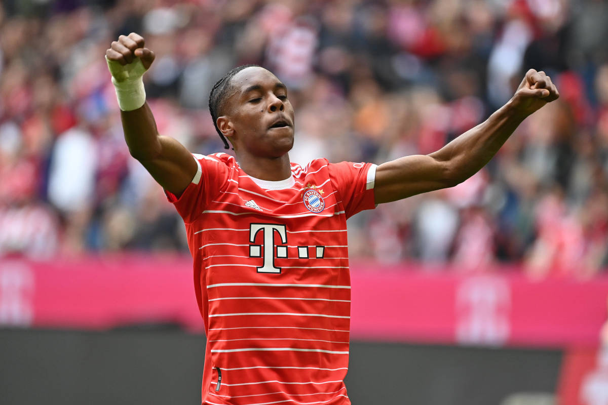 Mathys Tel pictured celebrating after scoring for Bayern Munich during a 6-0 win over Schalke in May 2023