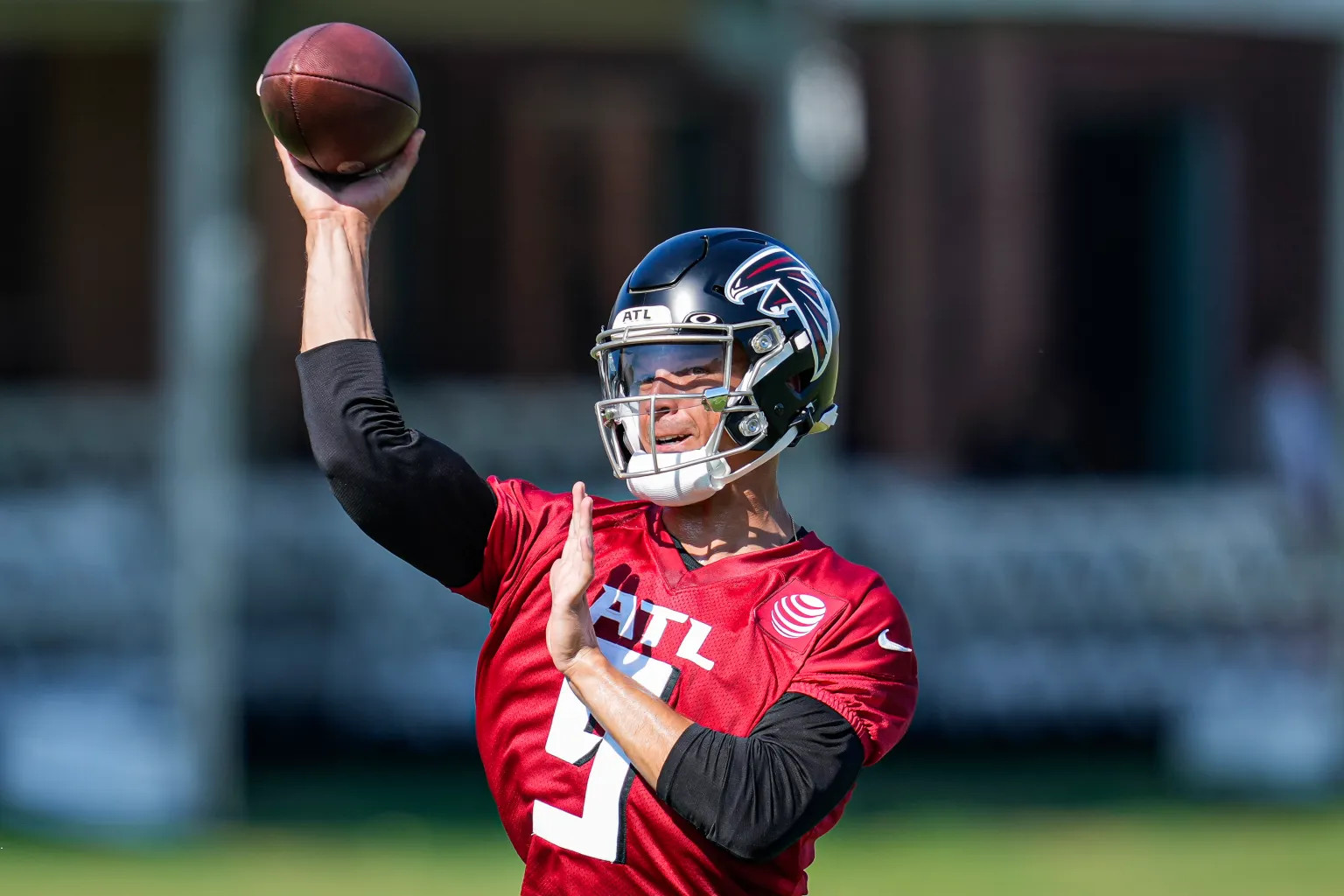 Atlanta Falcons quarterback Desmond Ridder (9) is shown during the first  day of team's NFL football training camp pratice Wednesday, July 26, 2023,  in Flowery Branch, Ga. (AP Photo/John Bazemore Stock Photo - Alamy