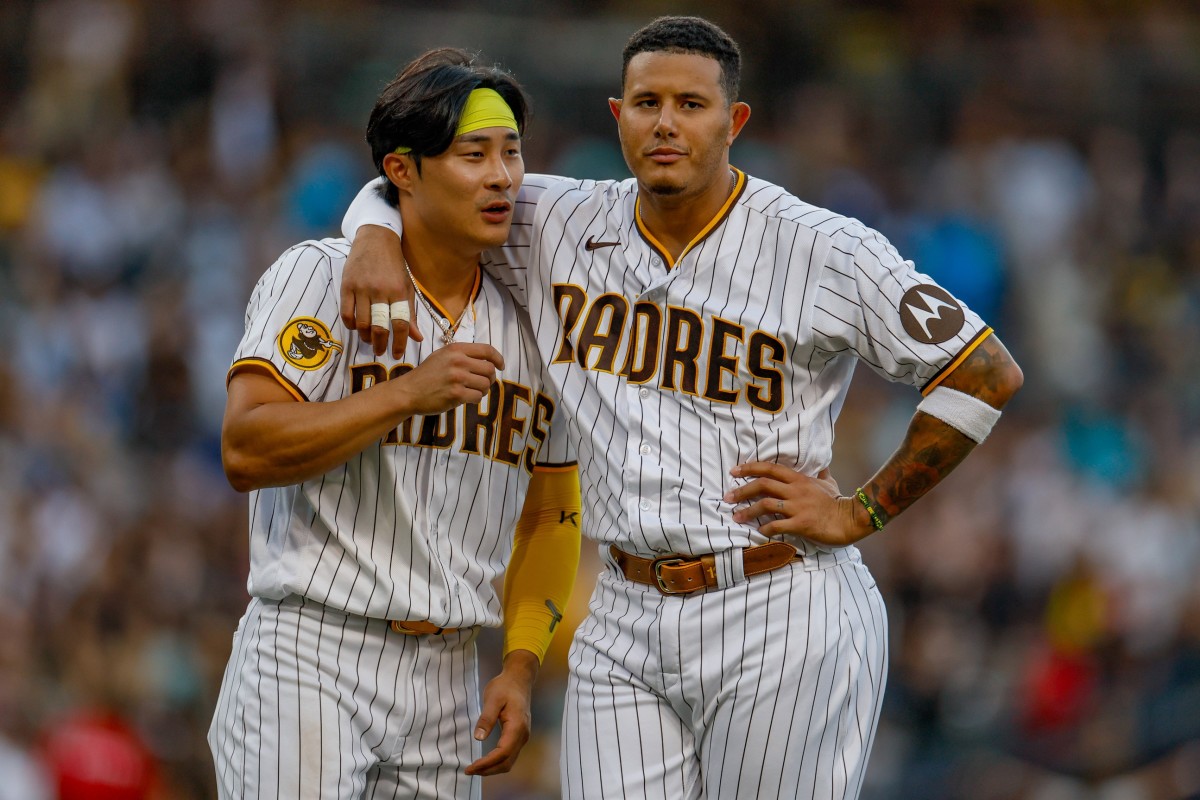 Gary Sanchez and Manny Machado of the San Diego Padres pose for a