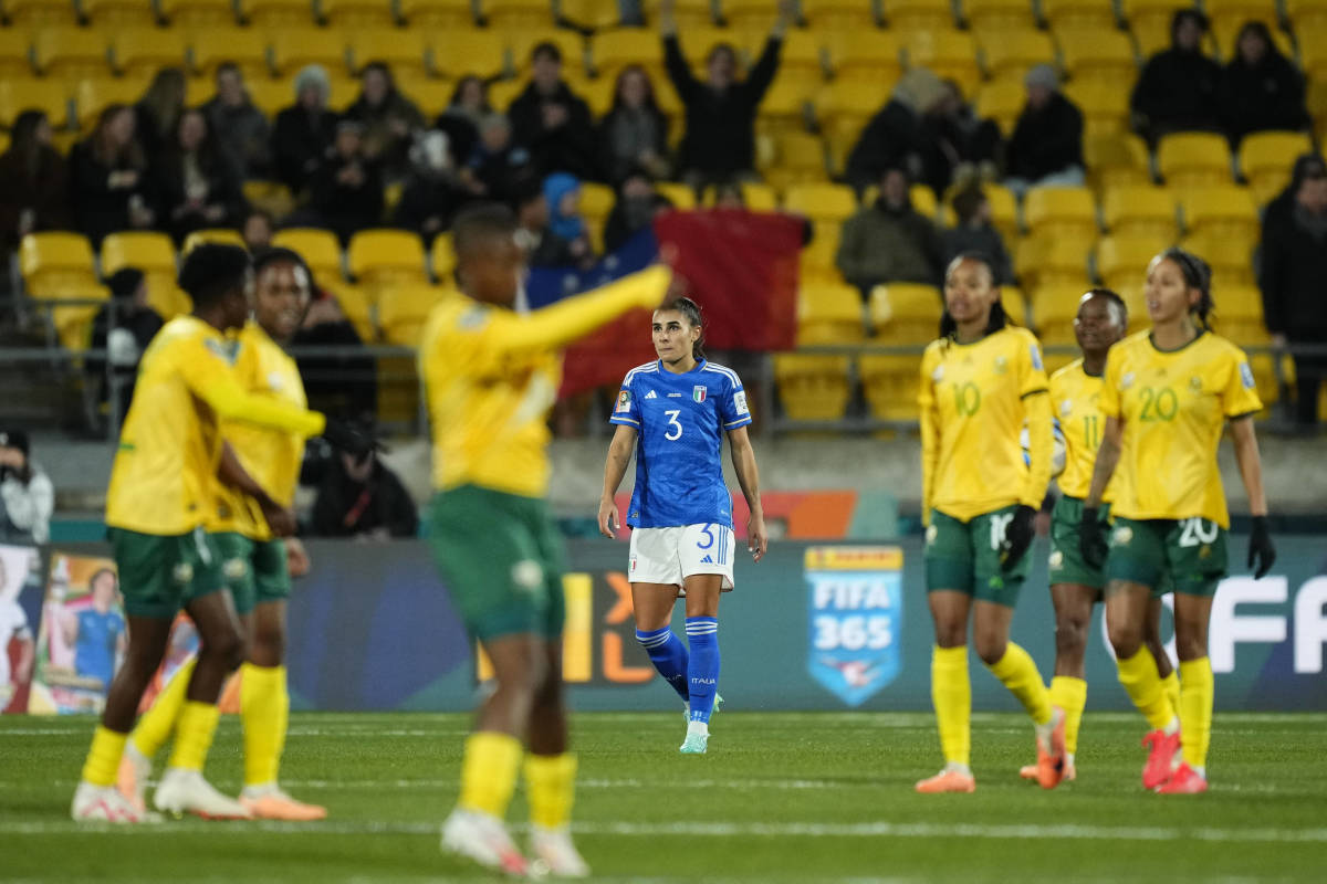 Italy defender Benedetta Orsi pictured (center) moments after scoring an own goal against South Africa at the 2023 FIFA Women's World Cup