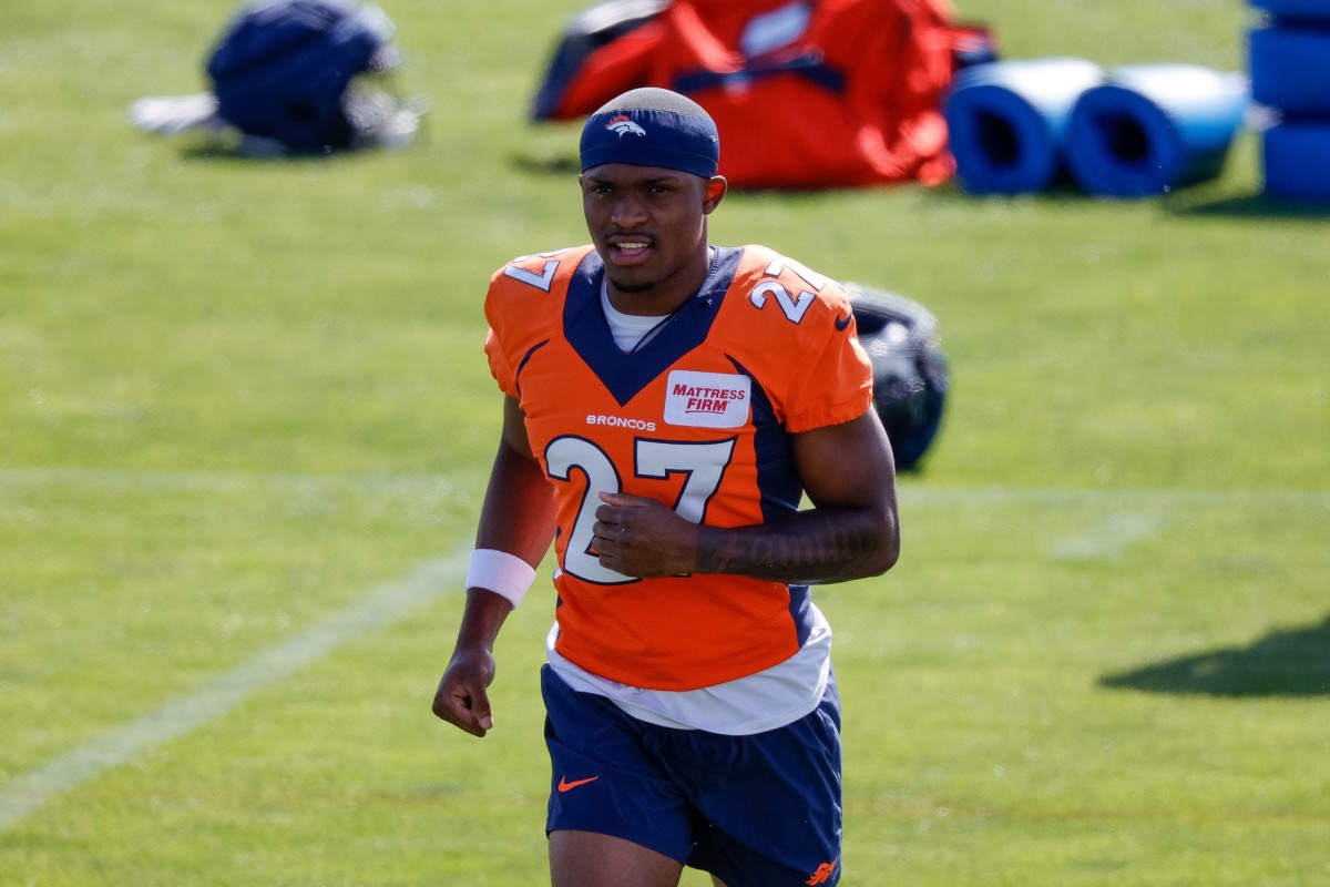 Jul 28, 2023; Englewood, CO, USA; Denver Broncos cornerback Damarri Mathis (27) during training camp at Centura Health Training Center.