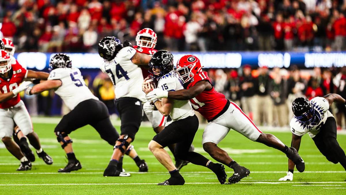 Sophomore Jalon Walker sacks TCU QB Max Duggan during the CFP National Championship Game in Los Angeles on January 9, 2023. Walker will open fall camp working at inside linebacker.