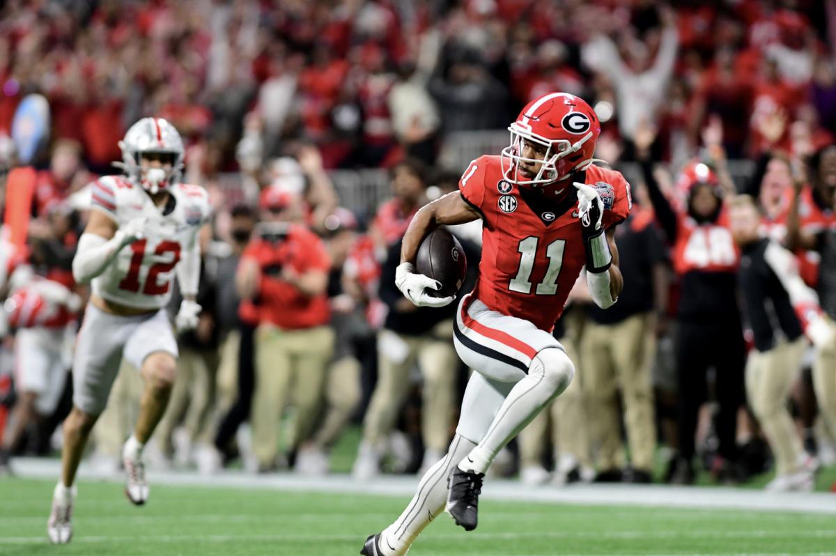 Georgia wide receiver Arian Smith during the Bulldogs’ 42-41 win in the 2022 Peach Bowl College Football Playoff semifinal game played December 31, 2022, at Mercedes-Benz Stadium in Atlanta, GA. Photo credit Perry McIntyre.