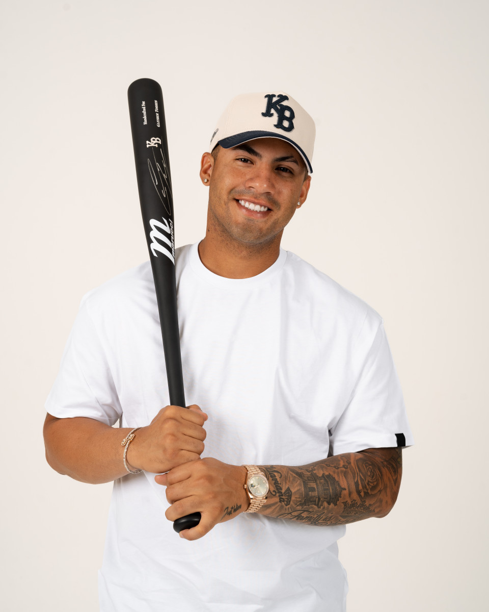 Detail view of the hat and uniform of Gleyber Torres of the New