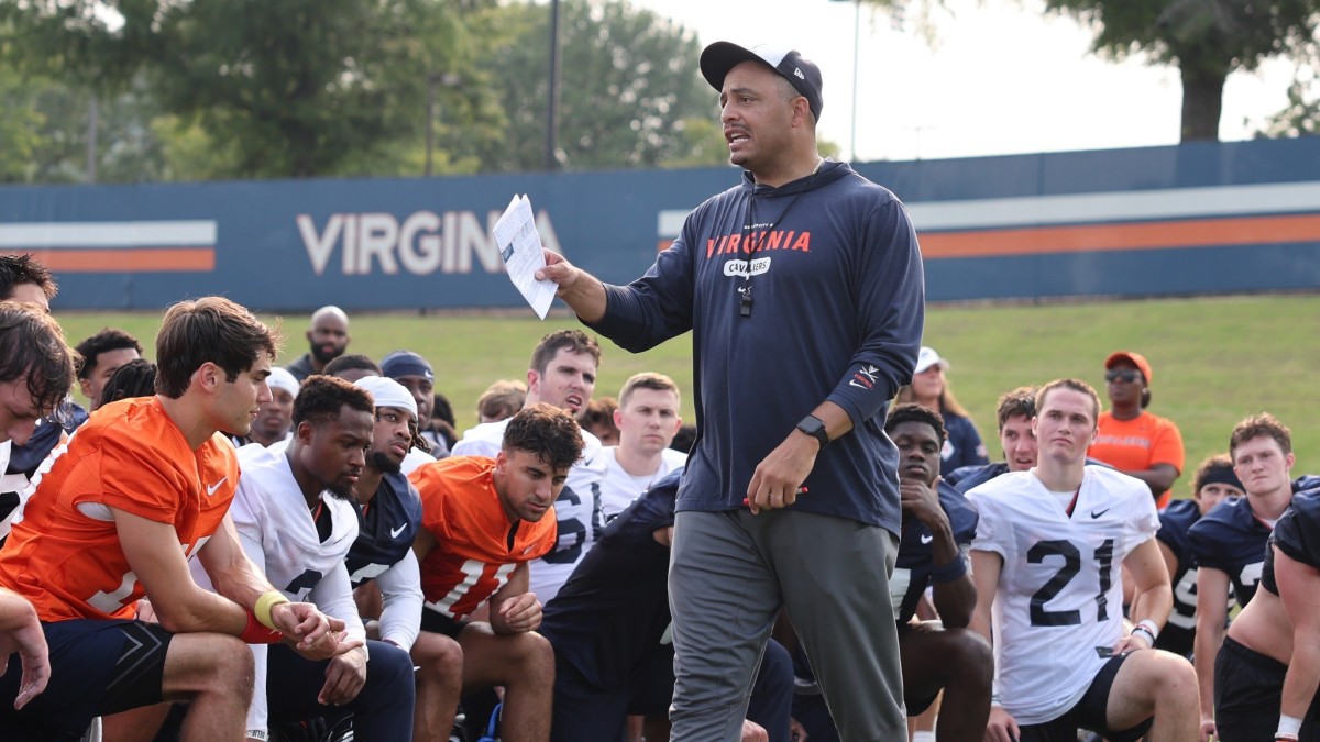 Head coach Tony Elliott addresses the Virginia football team after the first practice of fall camp before the 2023 season.