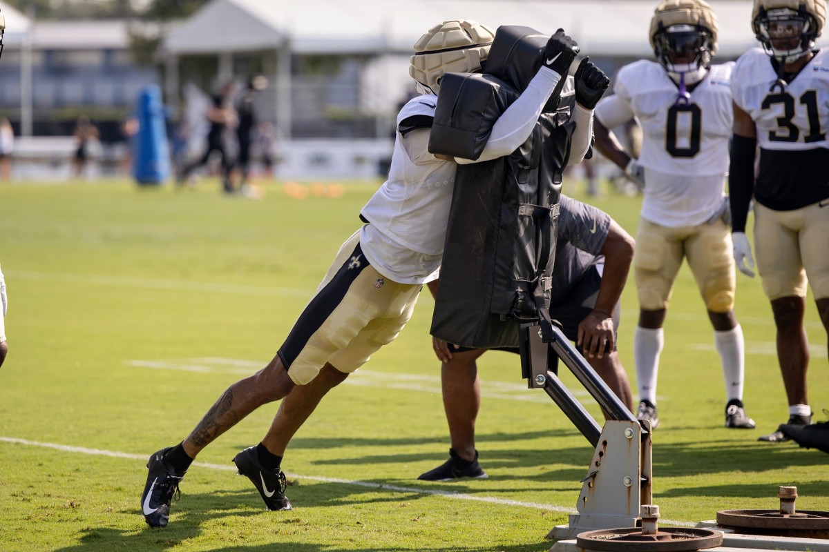 Aug 1, 2023; New Orleans Saints cornerback Alontae Taylor (1) during training camp at the Ochsner Sports Performance Center. Mandatory Credit: Stephen Lew-USA TODAY Sports