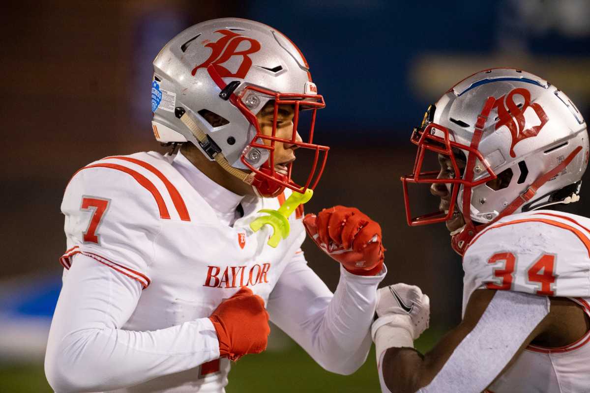 Baylor s Amari Jefferson (7) and Caleb Hampton (34) celebrate after Jefferson scored a touchdown in the BlueCross Bowl Division DII-AAA Championship game at Finley Stadium, in Chattanooga, Tenn., on Thursday, Dec. 1, 2022.