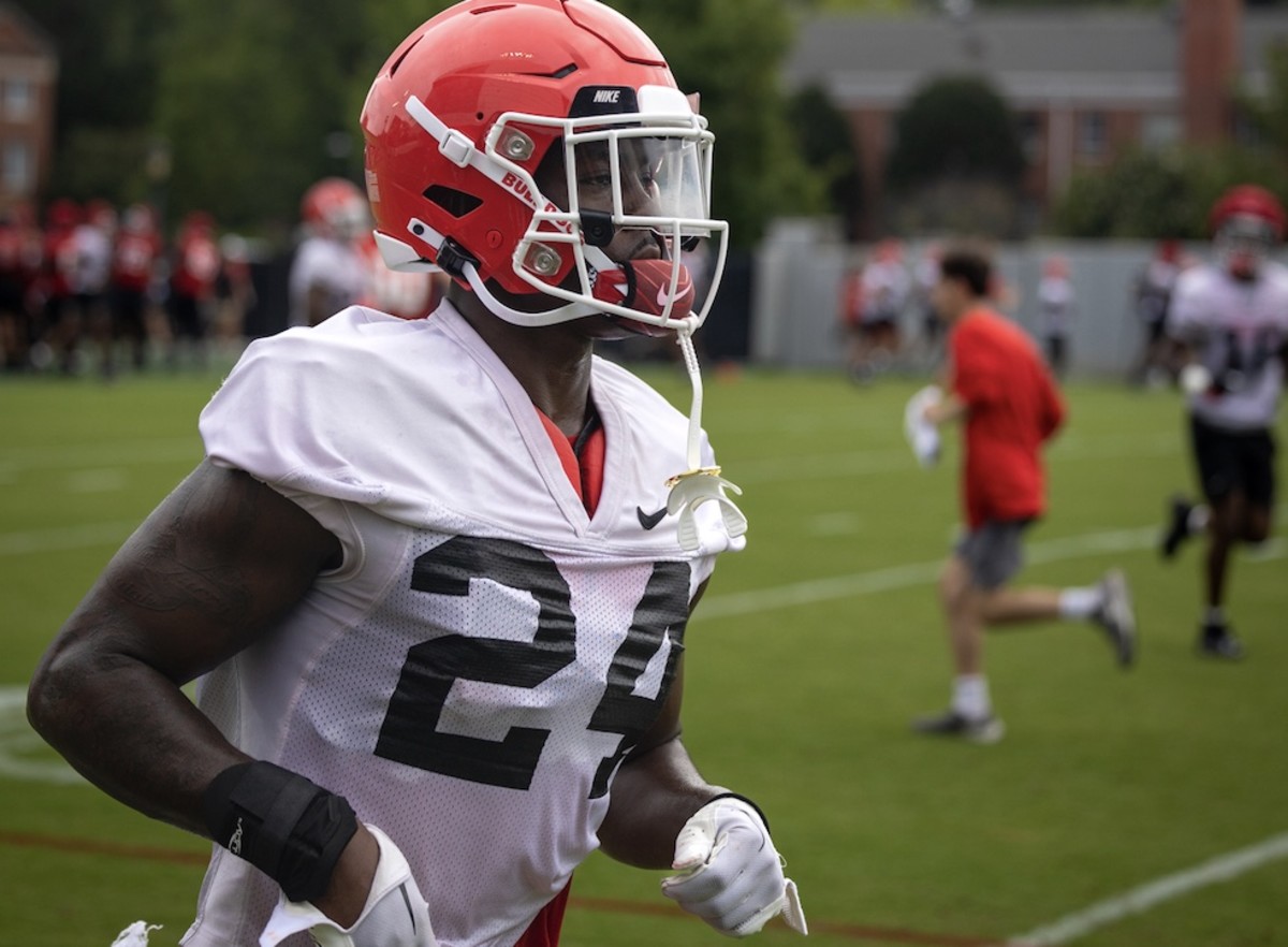 Georgia safety Malaki Starks goes through drills during one of Georgia's fall camp practices. Starks is on a mission to improve his already impressive play as a sophomore.