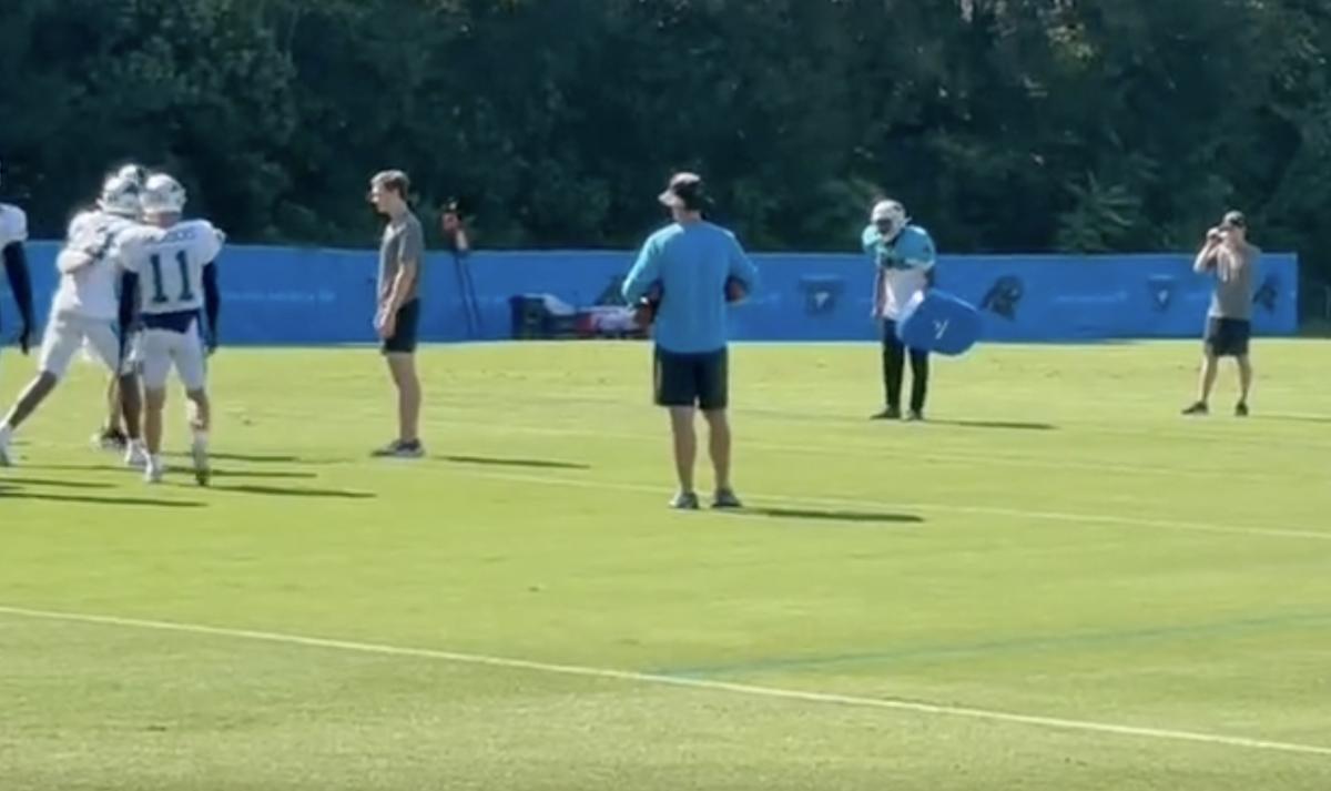 Carolina Panthers WRs Coach Shawn Jefferson Puts Pads on at Practice