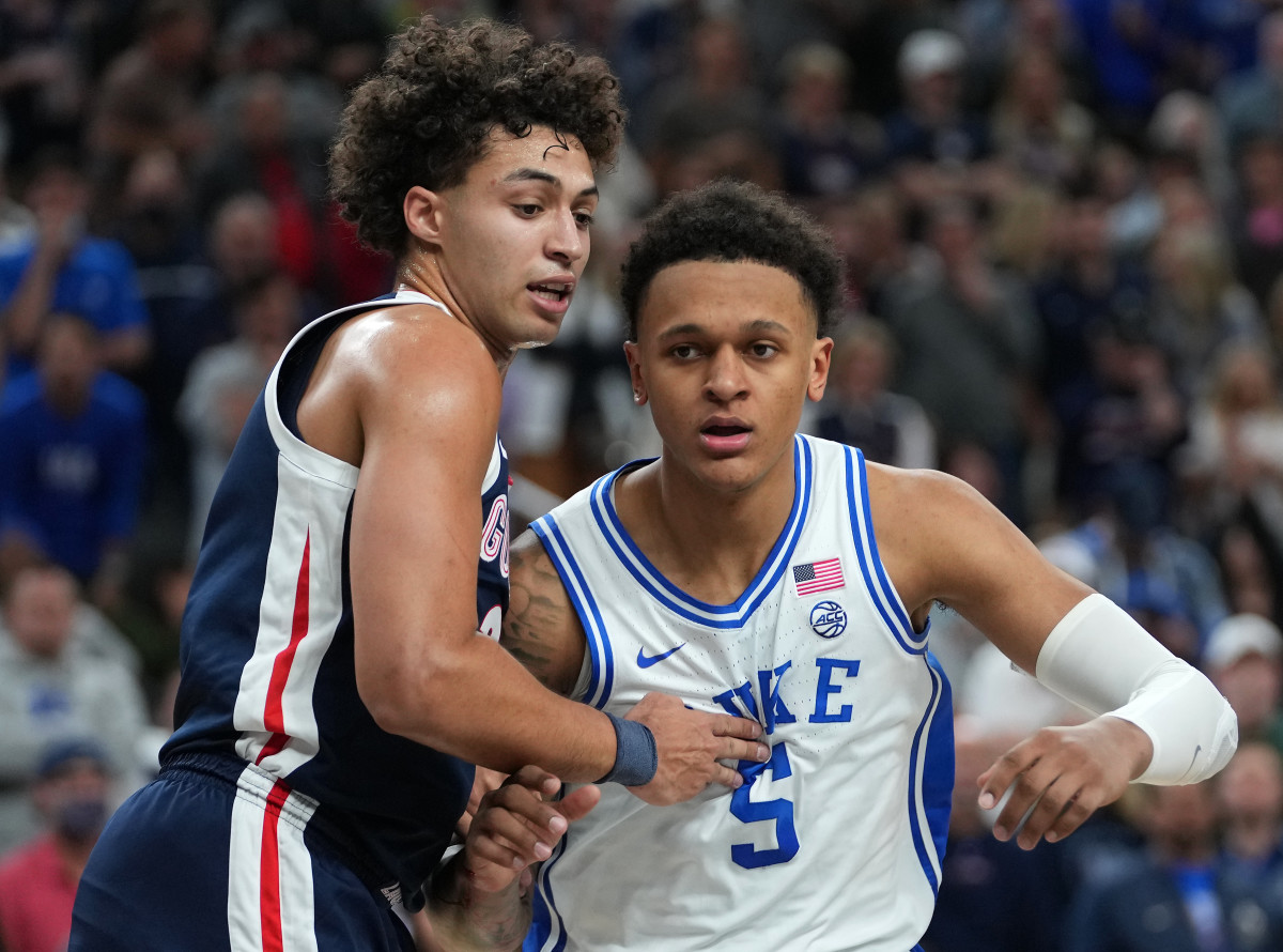 Anton Watson defends against Duke Blue Devils forward Paolo Banchero in Las Vegas, NV.