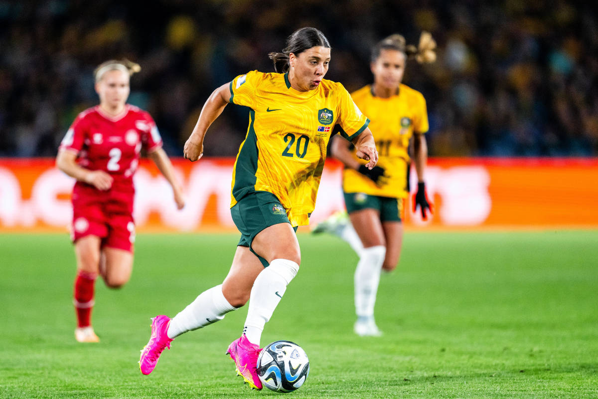 Sam Kerr pictured during Australia's 2-0 win over Denmark at the 2023 FIFA Women's World Cup